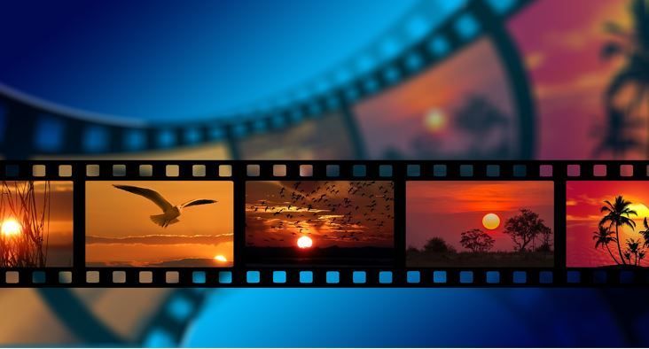 Ein Filmstreifen zeigt drei landschaftliche Fotos: einen Sonnenuntergang, einen Vogel im Flug und einen tropischen Sonnenuntergang mit silhouettierten Bäumen und Palmen.