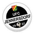 Das UFC Jennersdorf Fußballteam-Logo mit der Nummer 19 und 27 auf weißem kreisförmigem Hintergrund mit Fußballball und Flaggensymbol.