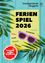 Ein gelbes Plakat mit den Worten 'FERIEN SPIEL 2026' darauf. Das Plakat zeigt eine Sonnenbrille und Wörter wie 'Sport', 'Musik', 'Rätseln', 'Basteln' und 'Backen'. Es liegt auf einem blauen Hintergrund.