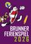 Eine Cartoon-Illustration mit einem Schildcharakter, der läuft, einem Hund, einer Kompass und einem Bleistift. Der Text lautet 'Brunner Ferienspiel'.