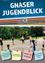 Gruppe von Kindern, die in einem Park ein Spiel spielen, mit einer kreisförmigen Kreidezeichnung auf dem Boden. Das Banner oben liest 'JUGENDBLICK' und 'Gnas'.