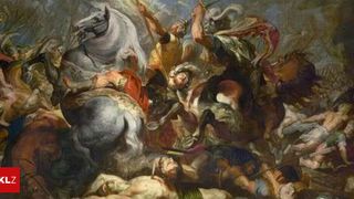 Eine Schlachtszene mit mehreren Kriegern und Pferden, einige liegen auf dem Boden, andere kämpfen zu Pferde. Die Krieger sind mit Schwertern und Speeren bewaffnet.
