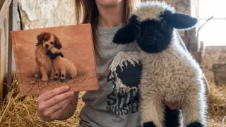 Eine Frau in einem Stall, die ein Babylamm und ein Foto eines Hundes hält.