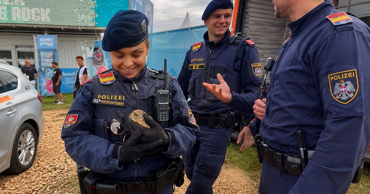 Drei Polizisten in Uniform stehen draußen. Eine Frau hält ein kleines Tier in den Händen. Sie sieht glücklich aus. Ein anderer Polizist sieht sie lächelnd an.