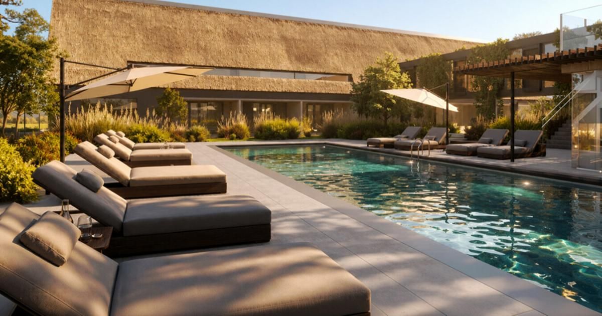 Modernes Resort mit Pool, Liegestühlen im Freien und Gebäuden mit Strohdach unter blauem Himmel.