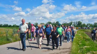 Eine Gruppe von Menschen geht auf einem Pfad in einem Grasfeld mit Bäumen und einem blauen Himmel mit Wolken. Sie benutzen Gehstöcke und tragen Hüte und Sonnenbrillen.