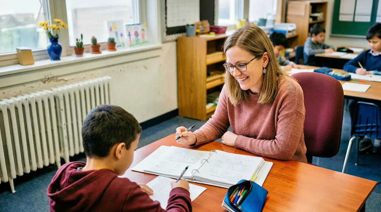Eine lächelnde Frau mit Brille sitzt an einem Schreibtisch mit einem Jungen. Sie hält einen Stift und er schreibt in ein Notizbuch. Dahinter steht ein Holzregal mit verschiedenen Gegenständen.