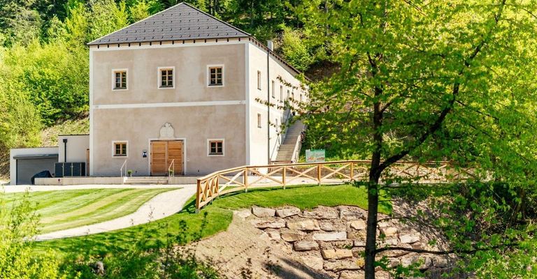 Ein modernes Gebäude mit einem grauen Dach und großen Fenstern steht in einer grünen, üppigen Landschaft. Es hat Holztüren und Treppen, die zum Eingang führen.
