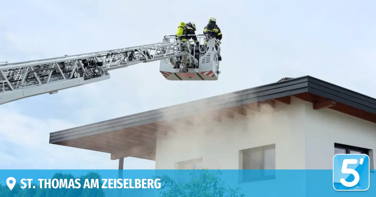 Zwei Feuerwehrleute auf einer Leiter sprühen Wasser aus einem Feuerwehrwagen, um ein Feuer auf dem Dach eines Hauses zu löschen. Es kommt Rauch aus dem Dach.