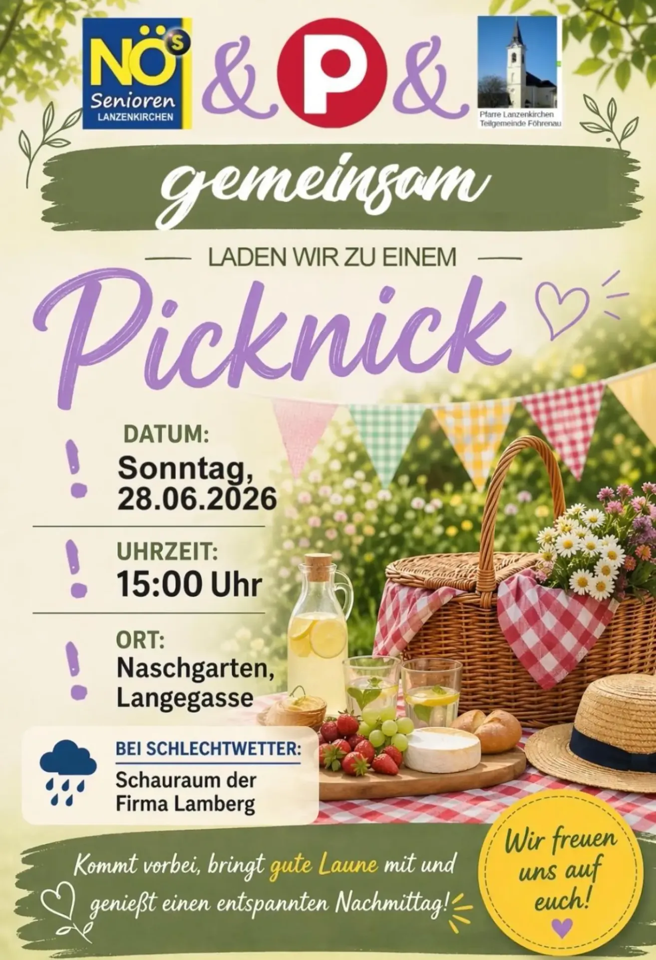 Plakat für ein Picknick am 28.06.2026 um 15:00 Uhr. Ort: Naschgarten, Langegasse. Bei schlechtem Wetter: Schauraum der Firma Lamberg.