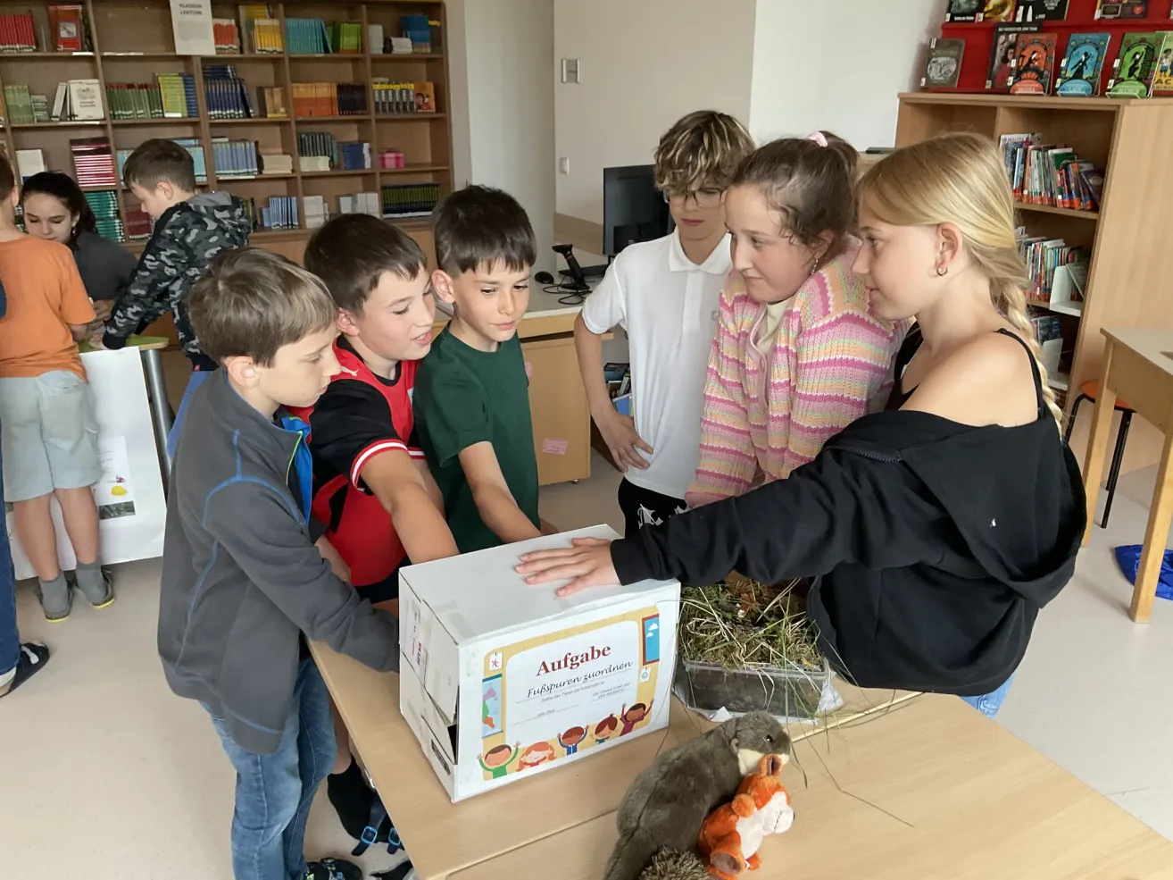 Eine Gruppe von Kindern schaut in eine Box mit Heu, die von einem Erwachsenen gehalten wird. Sie befinden sich in einem Klassenzimmer.