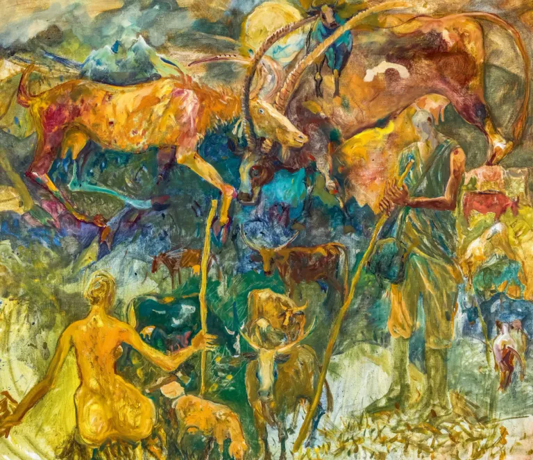Ein abstraktes Gemälde mit einem Mann und einer Frau, die Tiere hüten. Zu den Tieren gehören Kühe und ein Widder. Die Umgebung ist im Freien, mit einem Berg im Hintergrund.