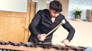 Ein junger Mann in einem schwarzen Hemd spielt Xylophon und konzentriert sich aufmerksam auf das Instrument mit einigen Schlägeln in der Hand.