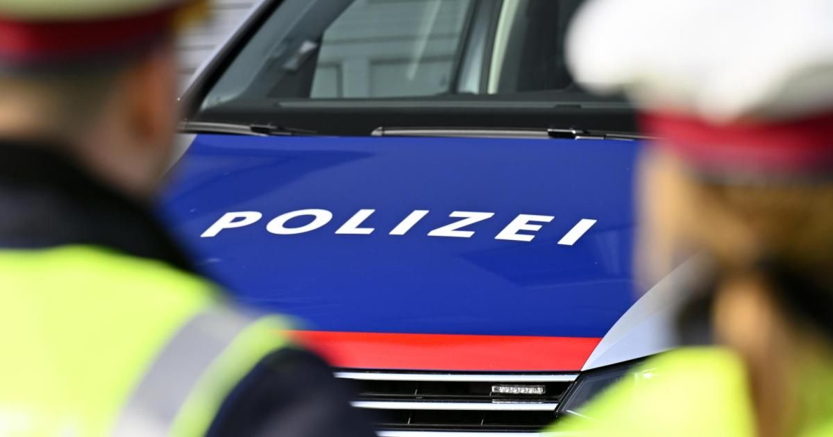 Polizeibeamte stehen neben einem blauen Polizeiwagen mit dem Wort 'POLIZEI' auf der Front. Sie tragen Warnwesten.