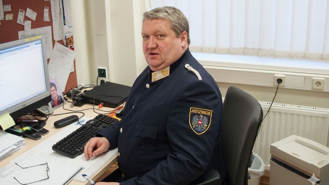 Ein Mann in einer dunkelblauen Uniform sitzt in einem Büro an einem Schreibtisch und sieht mit ernster Miene nach vorne. Seine Uniform hat einen Abzeichen mit dem Text 'Justizwache' und einem Adlerlogo.