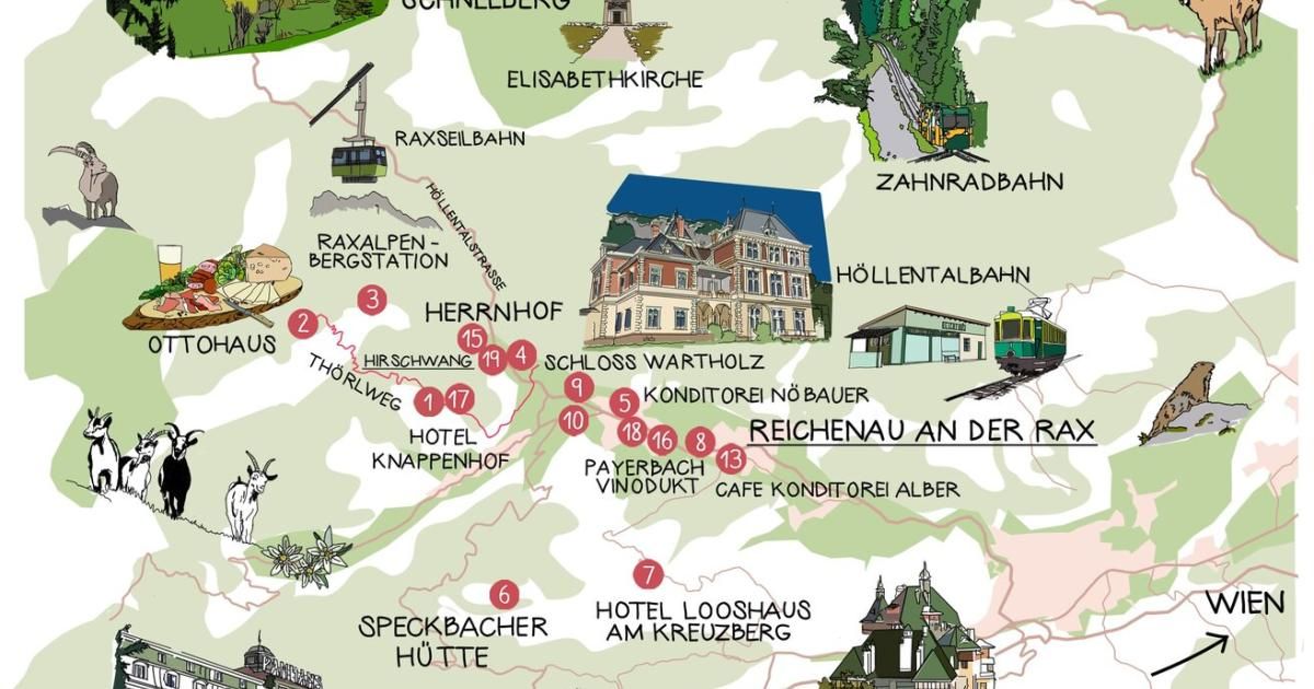 Das Bild ist eine Karte von Reichenau an der Rax, die verschiedene Sehenswürdigkeiten, Hotels und Verkehrsmittel zeigt. Bemerkenswerte Orte sind die Elisabethkirche, das Hotel Knappenhof und die Semmeringbahn.