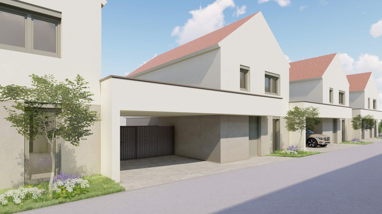 Eine künstlerische Darstellung eines modernen weißen Hauses mit rotem Dach, ausgestattet mit einer Garage und zwei Fenstern. Das Haus ist umgeben von Bäumen und einem blauen Himmel.
