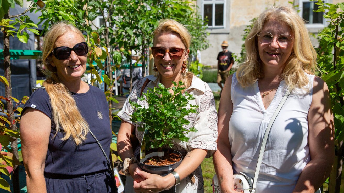 Three women in a garden, one holding a potted plant. The woman in the middle wears sunglasses and a watch. Behind them is a building with a window.