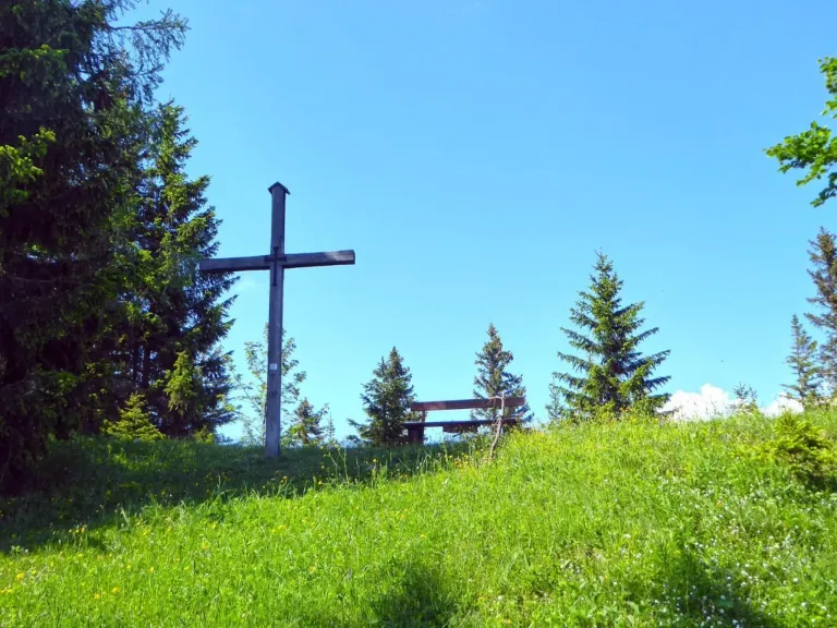 A wooden cross stands on a grassy hill, surrounded by pine trees. A bench is placed on the hill's slope. The sky is clear and blue.