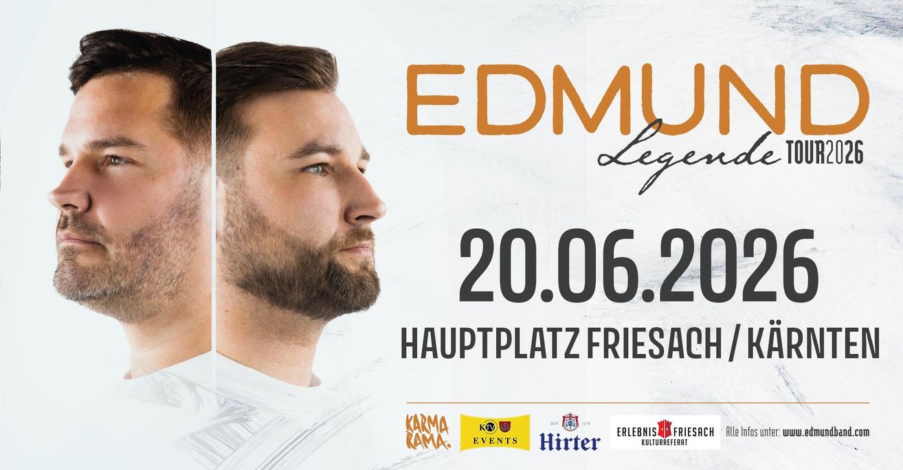 Ein Veranstaltungsposter mit einem Mann mit Bart. Der Text lautet 'EDMU Lege 20.06.2. HAUPTPLATZ FRIESA'. Logos von Karma Rama, KTV Events, Hirter und Erlenis Fri sind sichtbar.