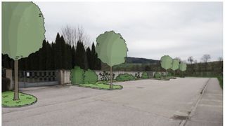 Illustration of a parking lot with a central tree and shrubs. A fence and trees surround the area. The sky is overcast.