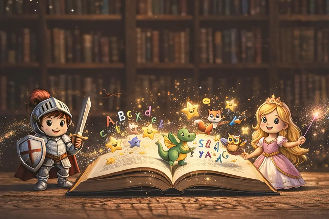 An open book with a knight, princess, dragon, and animals on it. The alphabet is scattered around.