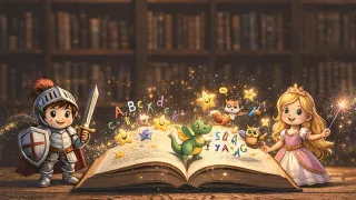 An open book with a knight, princess, dragon, and animals on it. The alphabet is scattered around.