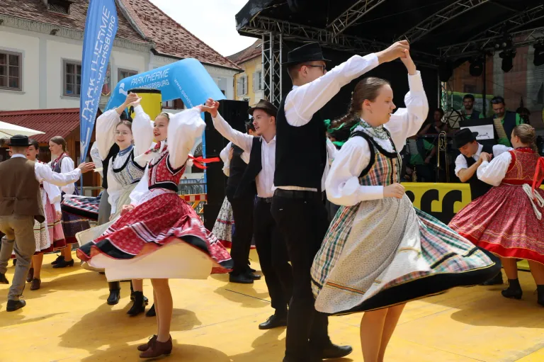 Gruppe junger Menschen tanzt in traditionellen Kostümen bei einer Parkveranstaltung, ein Mann und eine Frau in der Mitte halten Händchen, während andere folgen.