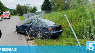A blue car is parked on the side of the road with a broken barrier. The car's front is damaged, and it appears to have hit a fence.