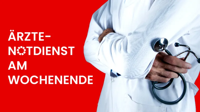 Ein Arzt in einem weißen Kittel steht mit verschränkten Armen. Oben sind die Wörter '- Dienst - henende' geschrieben.