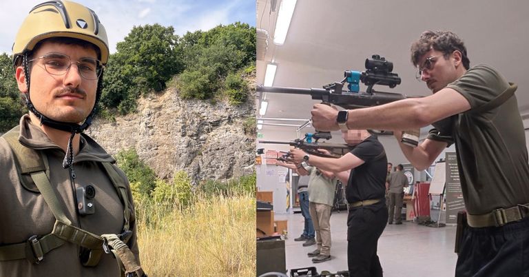 Zwei Bilder; ein Mann mit Helm draußen, ein anderer Mann im Raum mit Gewehr.