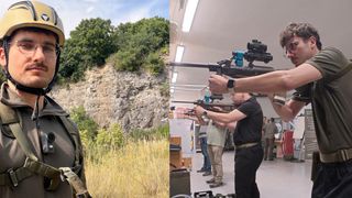 Zwei Bilder; ein Mann mit Helm draußen, ein anderer Mann im Raum mit Gewehr.