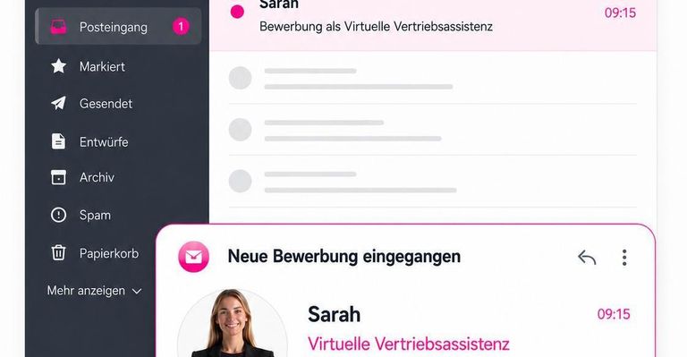 Das Bild zeigt das Profil einer Person namens Sarah, die eine virtuelle Vertriebsassistentin ist. Neben ihrem Namen steht die Nummer 1, was möglicherweise eine Rangfolge anzeigt. Unten befinden sich mehrere leere kreisförmige Optionen, die eine Liste von Aufgaben oder Elementen darstellen könnten. Am unteren Rand befindet sich eine Schaltfläche für neue Bewerbungen und eine weibliche Figur mit dem Namen Sarah und dem Titel 'Virtuelle Vertriebsassistentin'.