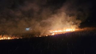 Ein Waldbrand brennt nachts ein Feld, mit aufsteigendem Rauch und einem entfernten Licht.
