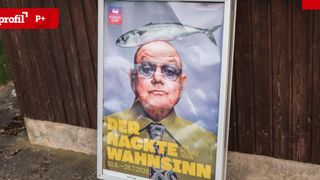 Ein Poster mit einem älteren Mann mit einem Fisch auf dem Kopf. Es ist eine Werbung für 'Der Nackte Wahnssin' vom 30. Juni bis 26. Juli 2026.