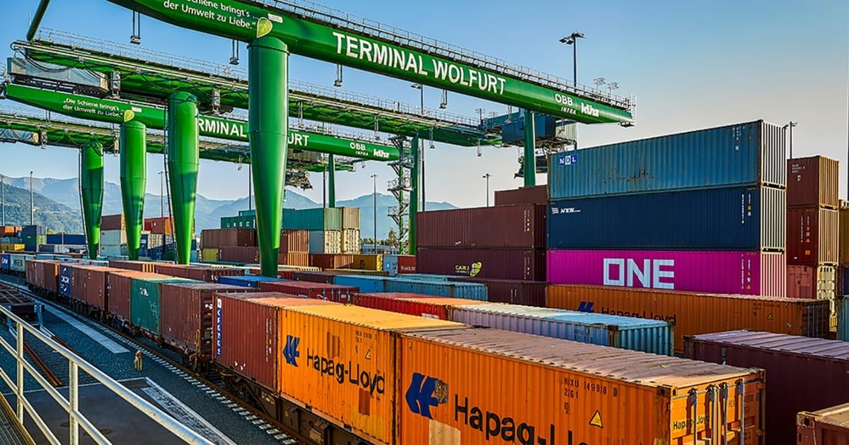 Ein Güterzug fährt in ein Terminal ein, mit gestapelten Containern, gekennzeichnet mit 'Hapag-Lloyd' und 'ONE'. Über Kopfkräne sind bereit, Container zu heben. Das Schild lautet 'Terminal Wolfurt'.