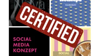 Eine Collage aus Buchcovern und Bildern mit dem Wort ZERTIFIZIERT. Ein Buchcover hat das Wort Social Media Konzept. Ein anderes Buchcover hat das Wort Social Media. Das letzte Bild ist eine Tasse Kaffee.