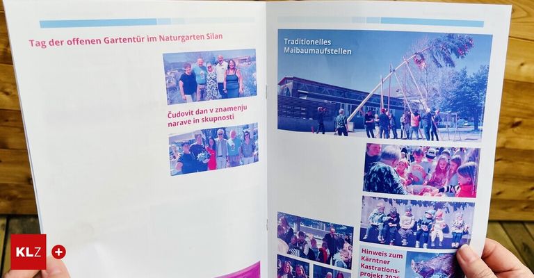 Eine Seite, die Gartenaktivitäten mit Menschen, eine historische Ausstellung und einen Hinweis zum Karntner-Projekt zeigt.