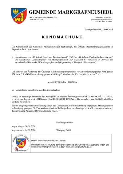 Der Gemeinderat der Gemeinde Markgrafneusiedl beschließt, das örtliche Raumordnungsprogramm in folgendem Punkt abzuändern: Umwidmung von 'Grünland-Land-und Forstwirtschaft' (Glif) in 'Grünland-Windkraftanlage' (Gwka) im südwestlichen Gemeindegebiet von Markgrafneusiedl im Bereich des bestehenden Windparks EVN Markgrafneusiedl (Repowering - Windpark Glinzentorf 4). Der Entwurf zur Änderung des örtlichen Raumordnungsprogrammes wird gemäß §24, Abs. 5 des NO-Raumordnungsgesetzes 2014 idgF. sechs Wochen lang öffentlich zur Verfügung gestellt.