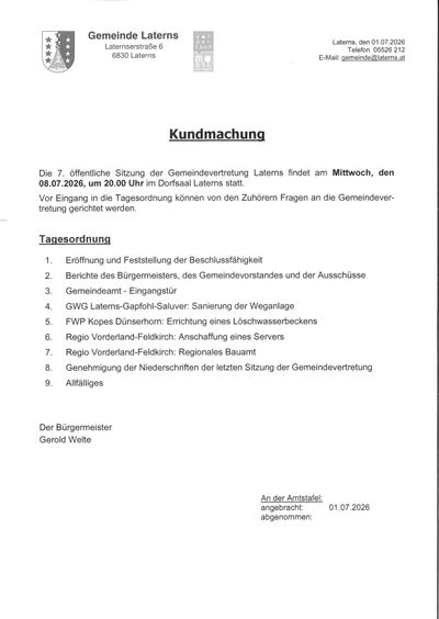 Die öffentliche Bekanntmachung für die 7. Sitzung des Gemeindevorstands Latern am 08.07.2026 um 20.00 Uhr im Dorfsaal Latern. Vor Beginn der Tagesordnung können Fragen an den Gemeindevorstand gerichtet werden.