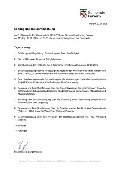 Einladung und Bekanntmachung zur 8. Sitzung der Funktionsperiode 2025-2030 der Gemeindevertretung Fraxern am Montag, 06.07.2026, um 20:00 Uhr im Besprechungsraum der Feuerwehr. Tagesordnung umfasst Eröffnung, Genehmigung des Protokolls, Behandlung von Dringlichkeiten, Beschlussfassungen und Berichte.