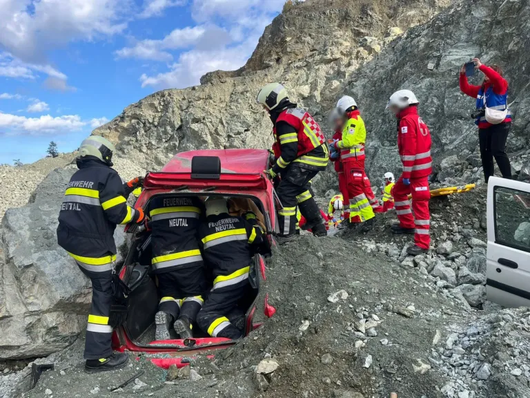 Feuerwehrleute in Uniform retten eine Person aus einem verschütteten roten Auto. Sie befinden sich auf einem Berg mit felsigem Gelände.