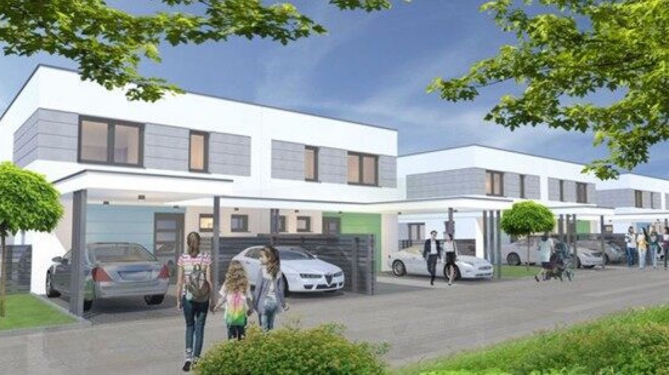 Eine künstlerische Darstellung eines modernen Apartmentkomplexes. Familien gehen am Eingang vorbei, und Autos sind auf der Einfahrt geparkt.