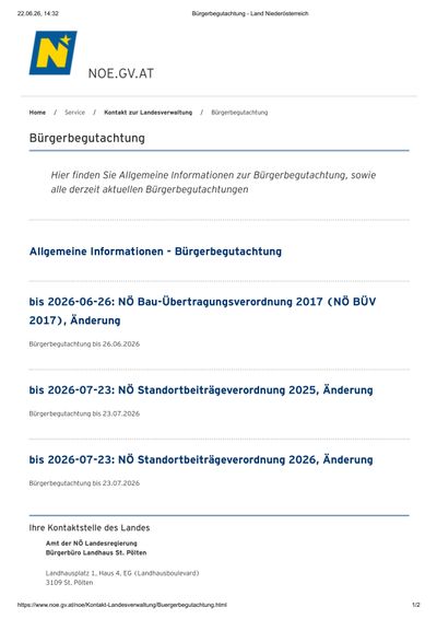 Die Webseite bietet allgemeine Informationen zur Bürgerbeteiligung und aktuelle Beteiligungen. Es werden Änderungen zur Bau-Übertragungsverordnung 2017 und zur Standortbeiträgerverordnung 2025 und 2026 aufgeführt, mit Angaben zum Ende der Beteiligungen.
