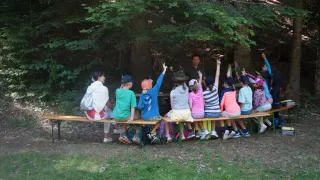 Eine Gruppe von Kindern sitzt auf einer Holzbank im Wald, wobei ein Mann vor ihnen steht. Die Kinder heben ihre Hände und scheinen aufmerksam zuzuhören.