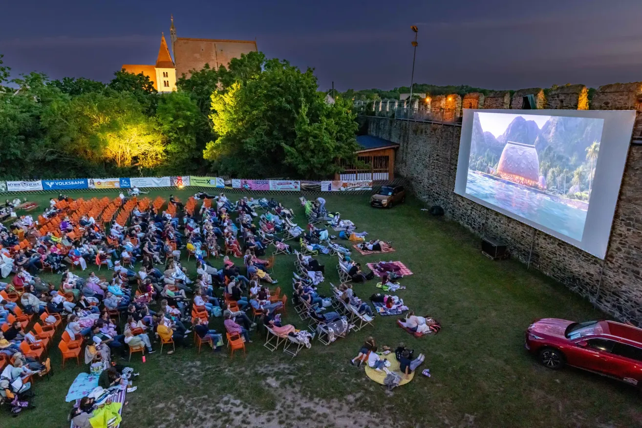 Ein Filmvorführung findet bei Nacht im Freien statt. Viele Menschen sitzen auf Stühlen und Decken auf dem Rasen und schauen auf die Leinwand. Ein Auto ist in der Nähe der Mauer geparkt.