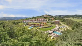 Luftaufnahme eines Resorts mit grünem Dach, umgeben von Bäumen und Gras. Pools und Loungebereiche sind sichtbar. Berge im Hintergrund.