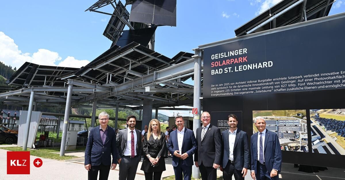 Eine Gruppe von Menschen in Geschäftskleidung steht vor einem Solarpark-Schild. Der Solarpark befindet sich in Geislinger, Bad St. Leonhard.