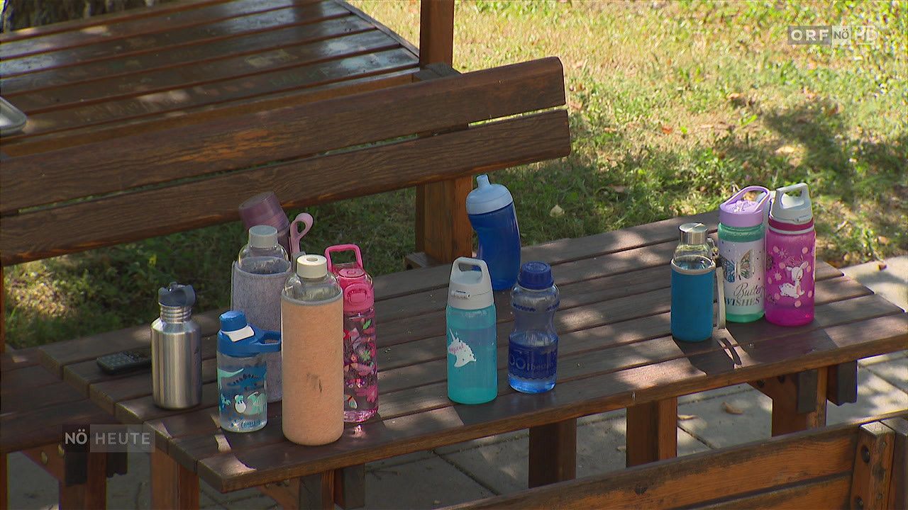 Eine Holzbank zeigt verschiedene Flaschen darauf, darunter rosa, blaue und klare, einige mit Deckeln und Strohhalmen, während ein grasiger Bereich im Hintergrund ist.