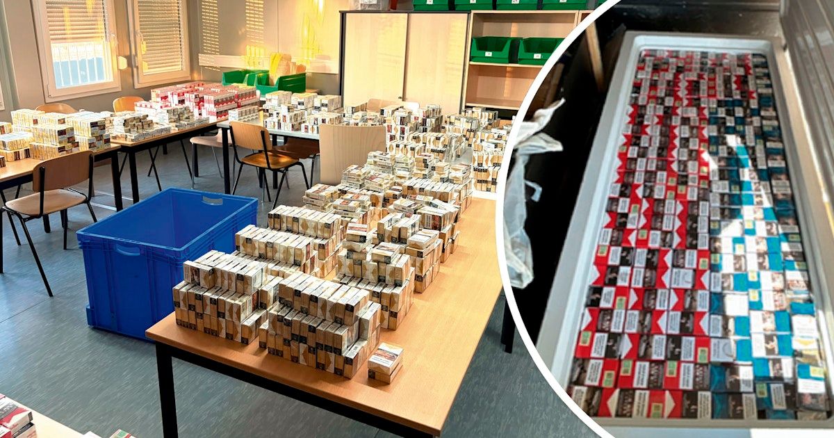 Room filled with boxes of cigarettes, inset of cigarettes in a container.